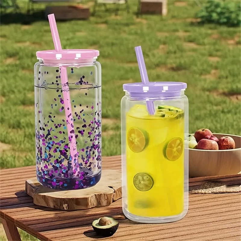 8PCS Double Wall Snowglobe Plastic Cups with Pre-Drilled Hole 16oz Mason Jar Straw Cups Durable Plastic Coffee Juice Drinkware