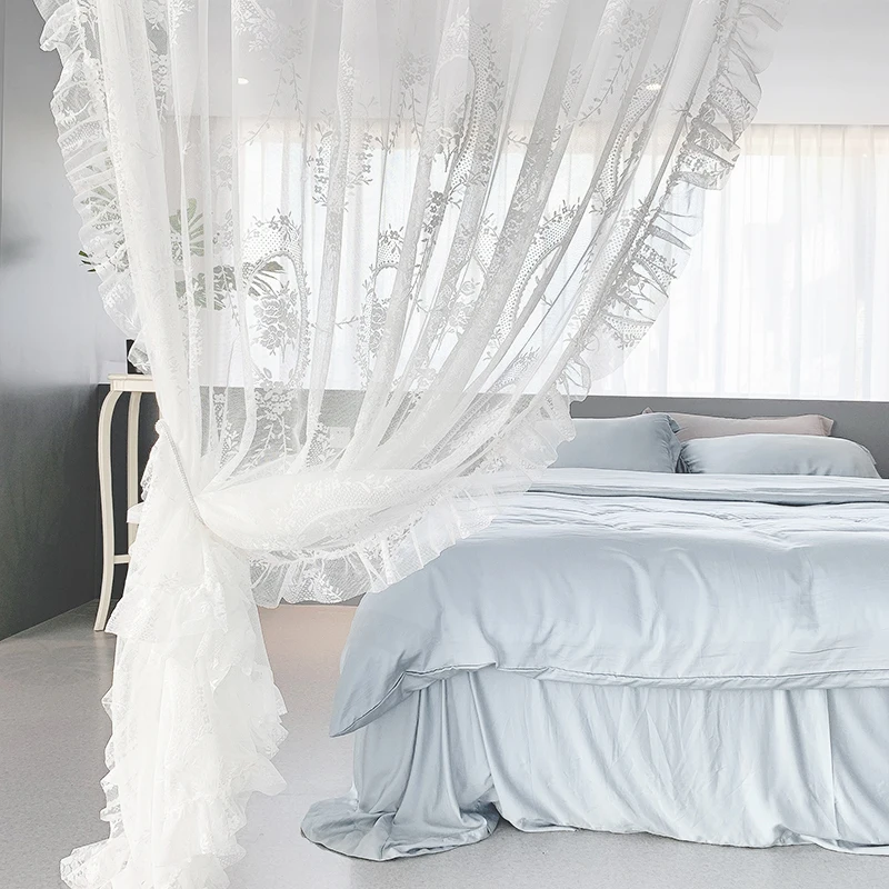 Elegant Sheer Curtains for Living Room White Lace Tulle Window Curtain for Bedroom European Princess Gauze Backdrop Curtain