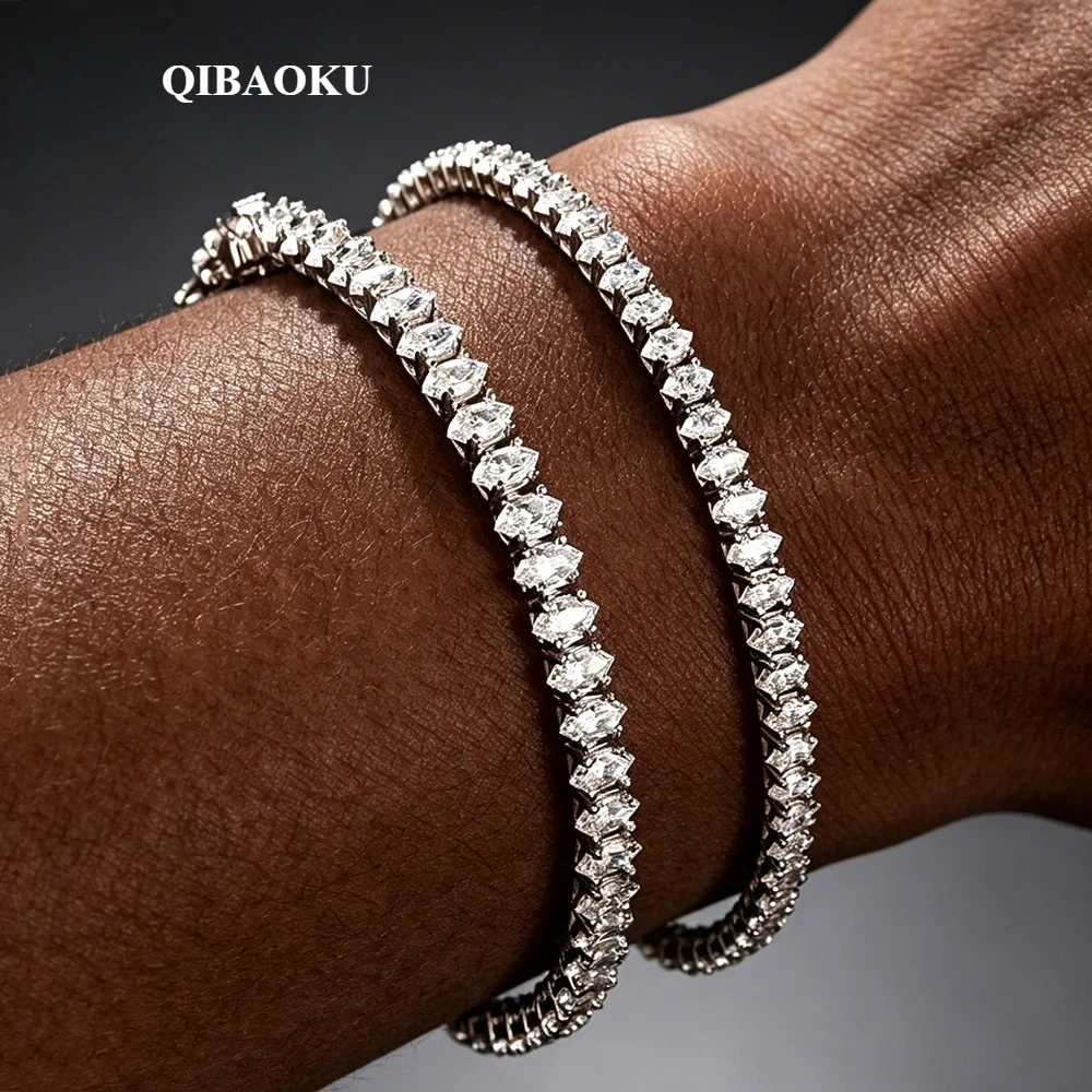 QIBAOKU 2*4mm Marquise Cut Moissanite Tennis Bracelets S925 Silver for Women Diamond Hand Chain Party Gifts Fine Jewelry 2026