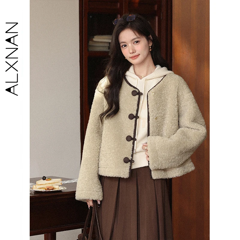 

ALXNAN Lamb Fleece Jacket Autumn Winter Rose-shaped Buttons Round Collar Short Outerwear Color-block Soft Casual Jacket L58761