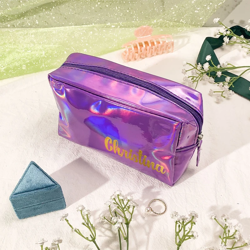 Personalized Monogram Name Cosmetic Pouch,Custom Holographic Cosmetic Bag,Girl's Makeup Bag, Bridesmaid Toiletry Bag