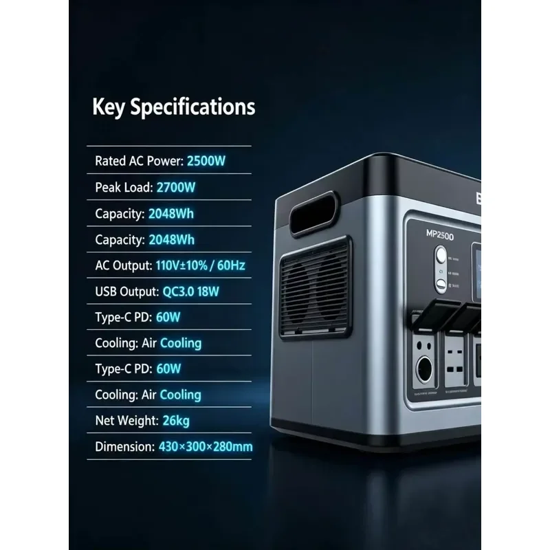 Portable Pure Sine Wave UPS 2048Wh 2500W LiFePO4 Battery Emergency Starter Fast Charging Solar MPPT Camping Home Backup Power