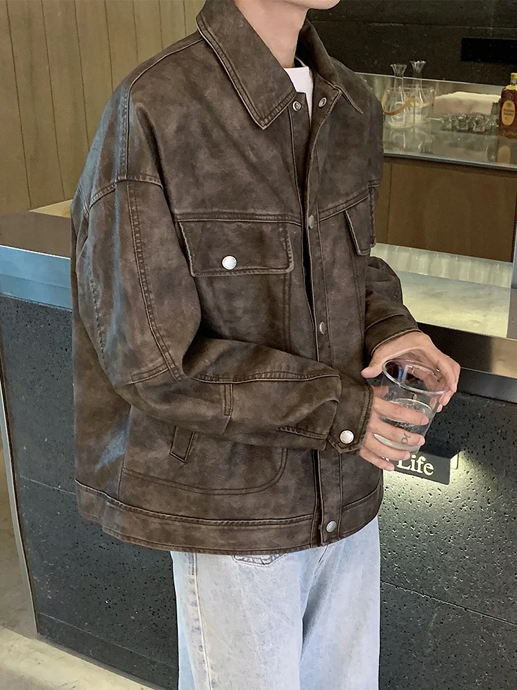 

Ретро-куртка в американском стиле для мужчин, рабочая одежда, байкерская куртка из искусственной кожи с эффектом потертости, весна-осень, модная, стильная, с длинными рукавами