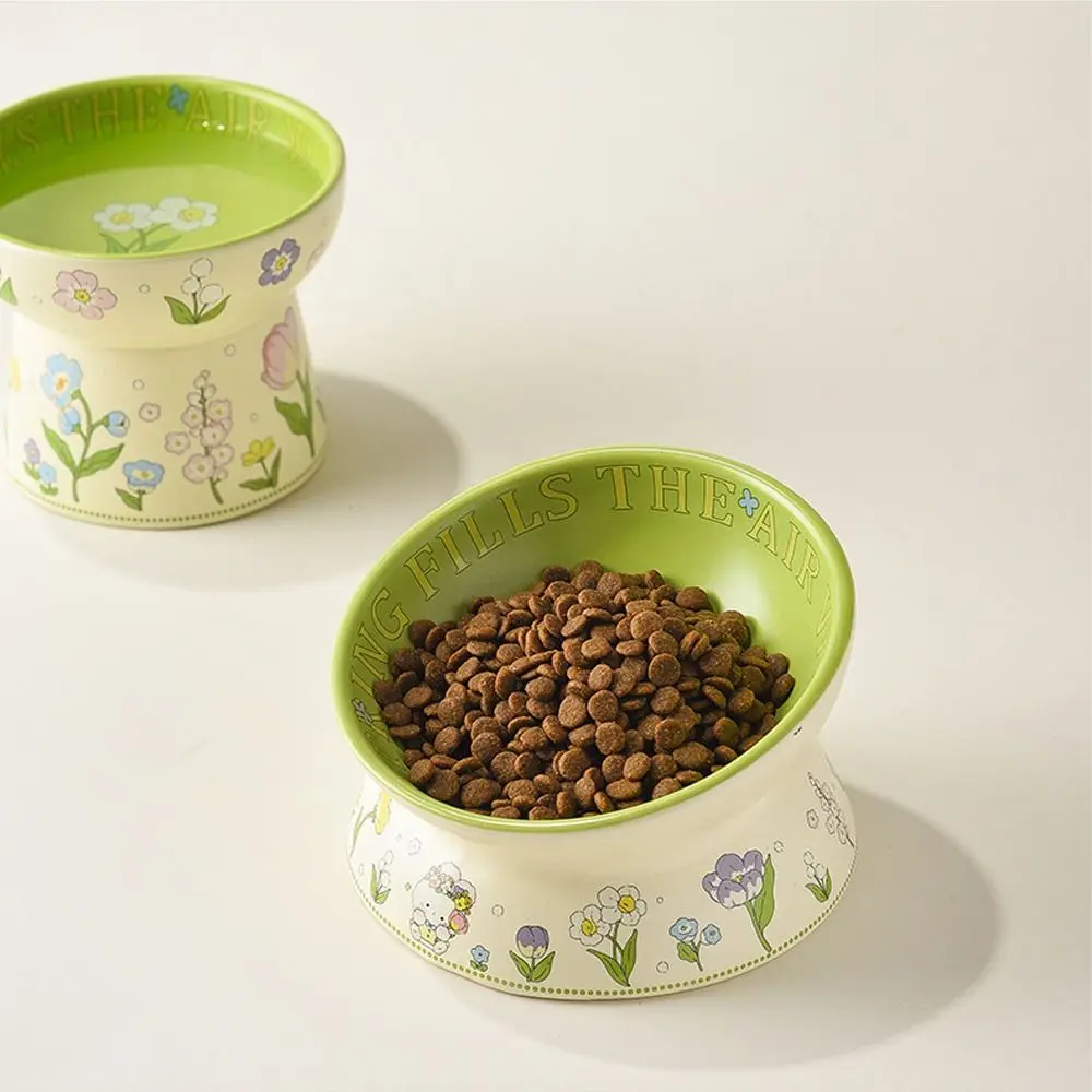 Green Ceramic Cat Bowl Rabbit Flower High Foot Diagonal Pet Feeding Bowl Non-Slip Cat Canned Food Bowl For Drinking Feeding view 5