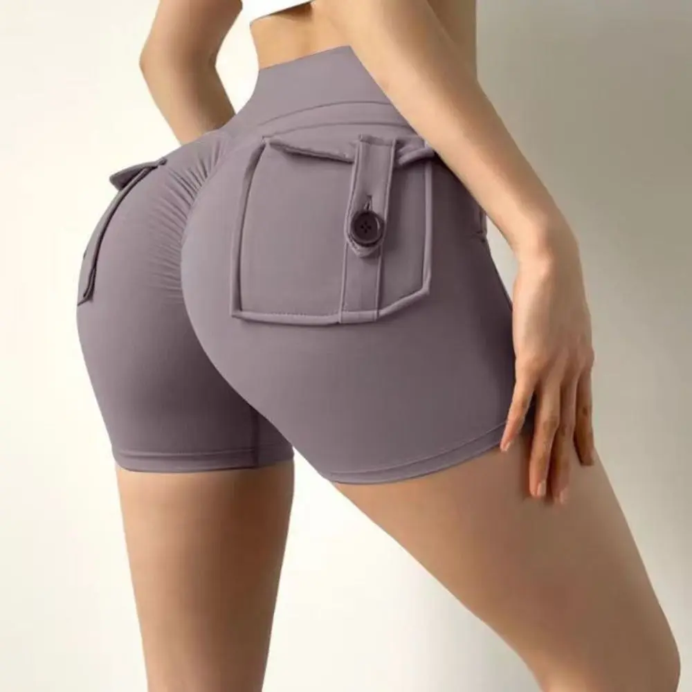 High Waist Pocket Gym Shorts Breathable Scrunch Yoga Shorts for Women Push Up with Pocket Buttocks Peach Shorts Female