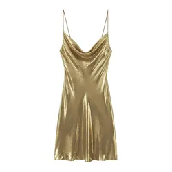 Summer Women Shinning Metallic Color Sling Mini Dress Female Chic Pleat Design Casual Slim Party Vestidos DS5000