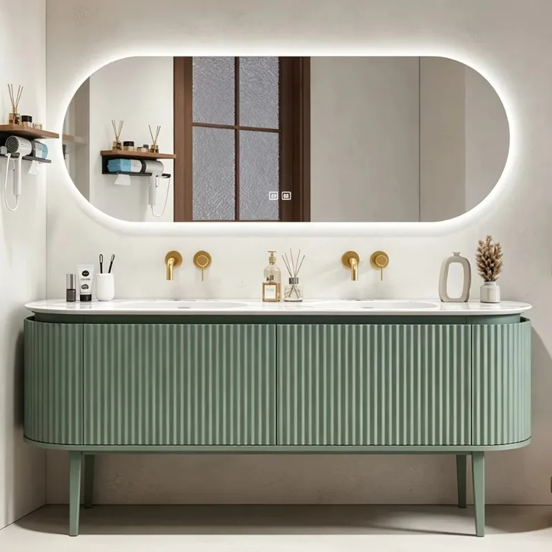 Sage Green Fluted Double Sink Bathroom Vanity, Marble Countertop Oval LED Light Mirror Cabinet Set