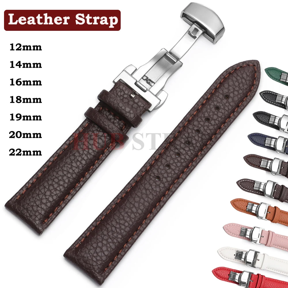 Litschi-Maserungsarmband, 12 mm, 14 mm, 16 mm, 18 mm, 19 mm, 20 mm, 22 mm, Uhrenzubehör, echtes weiches Leder, Armbanduhrenarmband, Schmetterlingsschnalle