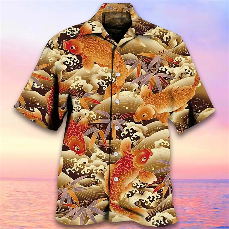 Hawaiian Carp 3D Printed Beach Shirts Hawaii Fish Shirts For Men Clothes Casual Vacation Short Sleeve Streetwear Lapel Blouse