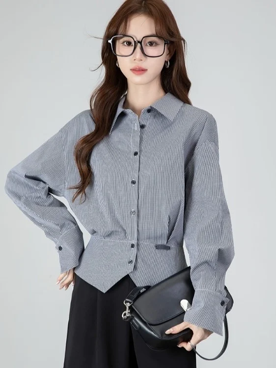 

Женская рубашка Ele Plaid Long Sleeve из полиэстера: модная, универсальная, приталенная, для офиса и повседневной носки