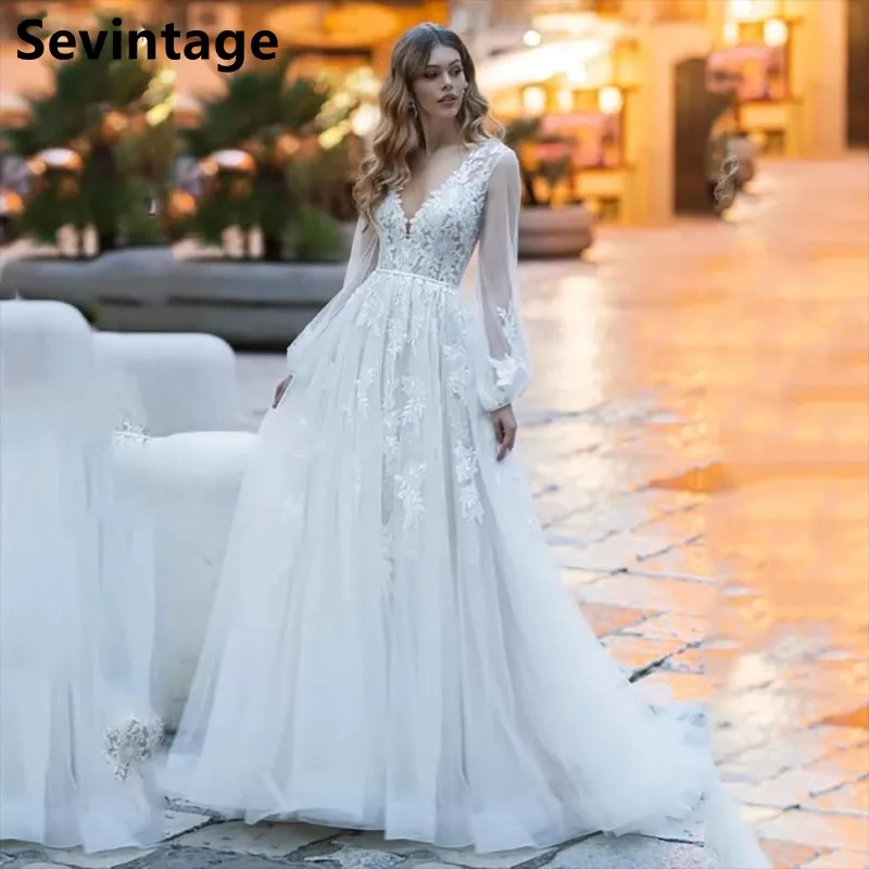 Sevintage Customized 2025 Puff Long Sleeve Tulle Lace Wedding Dress Sweep Train Elegant A Line Bridal Gowns vestidos de novia