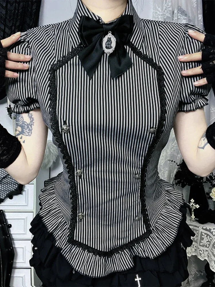 2025 Nieuwe Vintage Dark Academia Strip Shirts Vrouwen GothicY2k E-girl Kant Patchwork Ruche Zoom Bladerdeeg Mouw Blouse cosplay Outfits