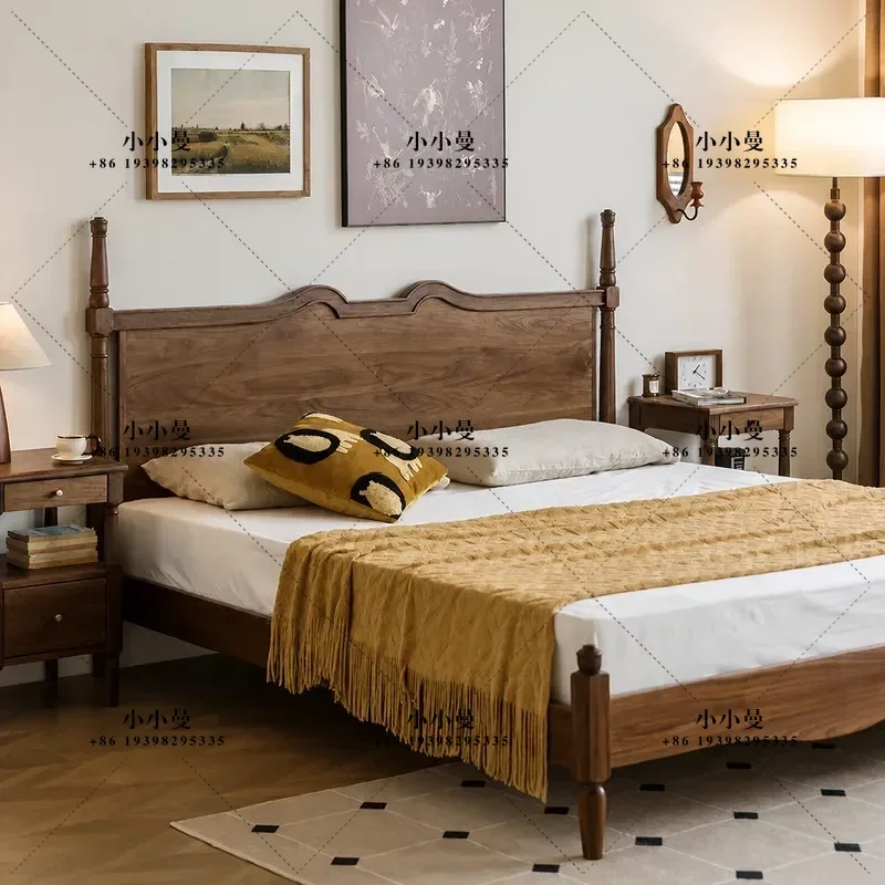 Black Walnut Solid Wood Bed 1.8m Retro American Style Log Double Bed for Master Bedroom Wedding Wabi Sabi Aesthetic Furniture