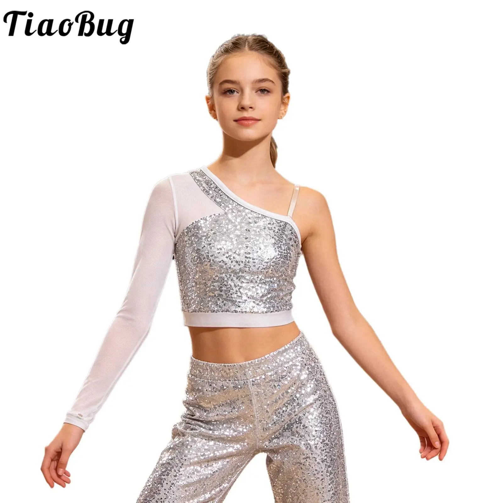 Kids Girls Sparkly Sequins Jazz Hip Hop Dance Tops Sheer Mesh One Shoulder Crop Top for School Cheerleading Stage Performance