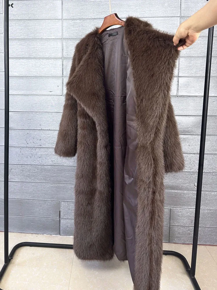 Super Long Outerwears Women Faux Fur Coat Luxury Lapel Coffee Overcoat Elegant Fluffy Faux Fur Jacket Winter Clothes Women 2024