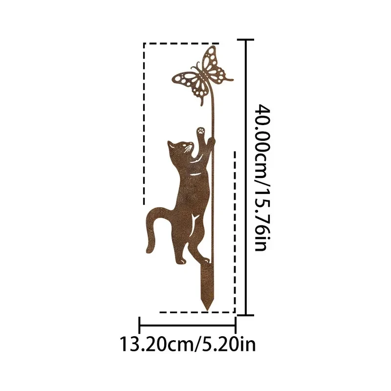 Rusty Metal Cat Garden Stake - Whimsical Outdoor Decor for Cat Lovers, Lawn Art with Playful Cat and Butterfly Design 1pc