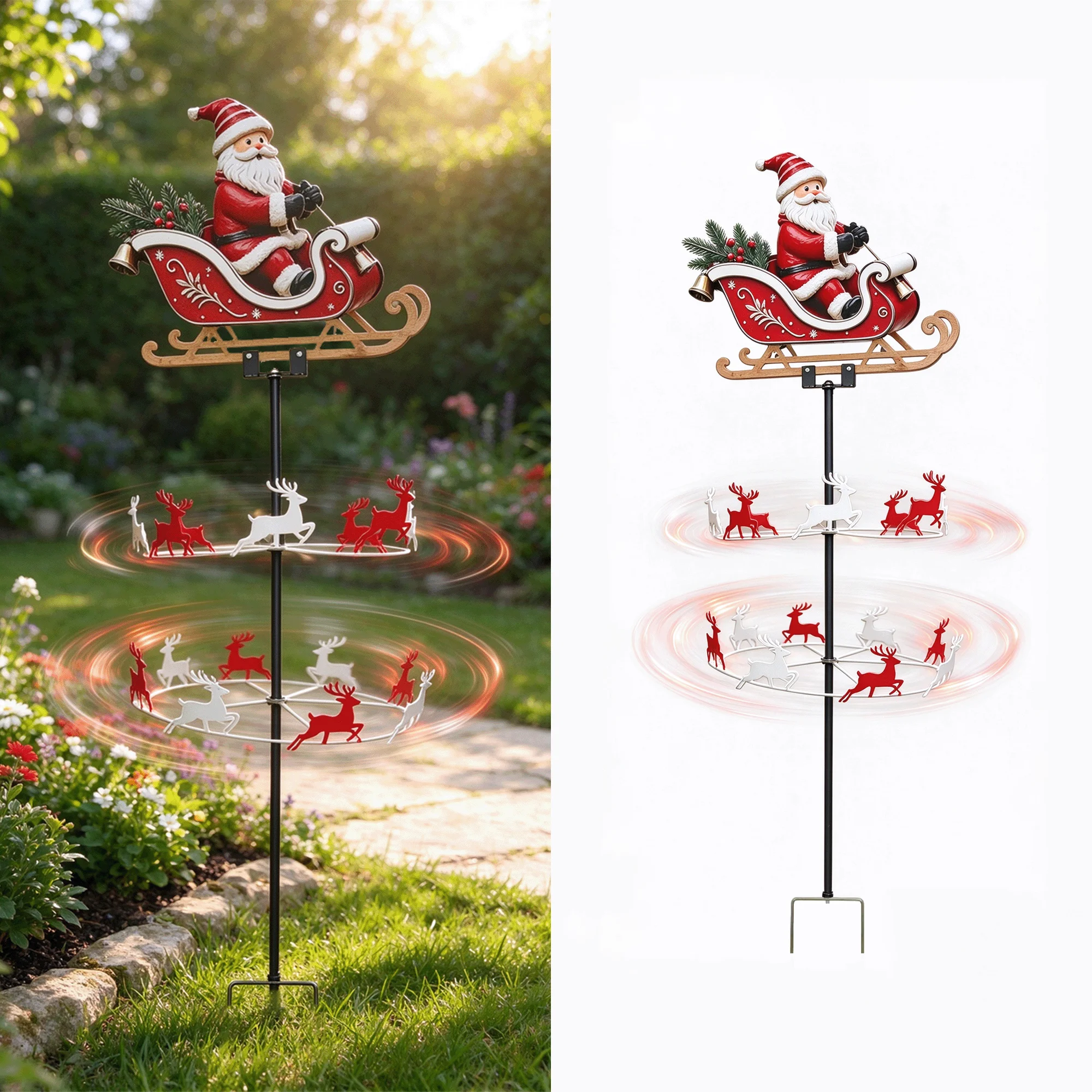 Christmas Santa Sleigh Rotating Reindeer Metal Yard Stake, Xmas Outdoor Garden Lawn Pathway Decor, Winter Holiday Patio Festive