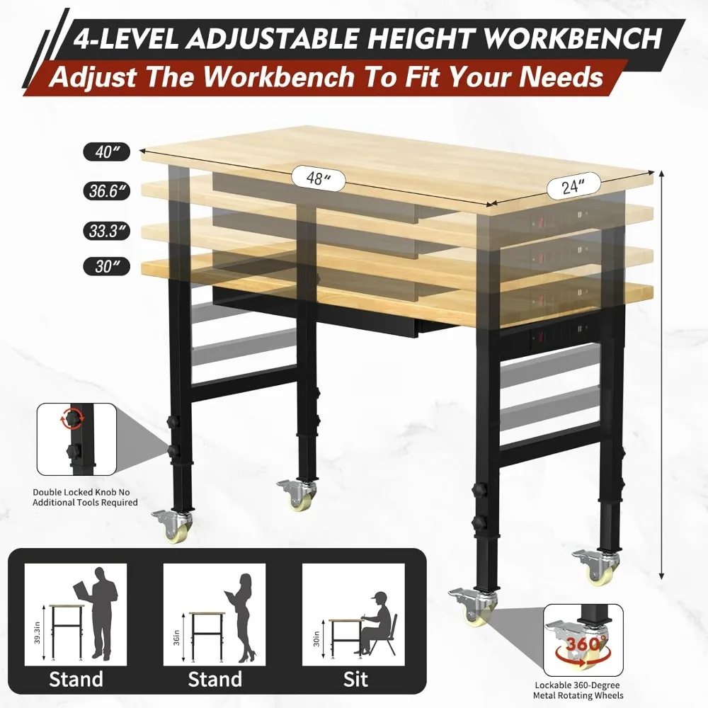 منضدة عمل شديدة التحمل قابلة للتعديل مع أدراج، ومنضدة عمل خشبية متدحرجة تتميز بمنافذ طاقة وسعة تحميل 2000 رطل للداخل