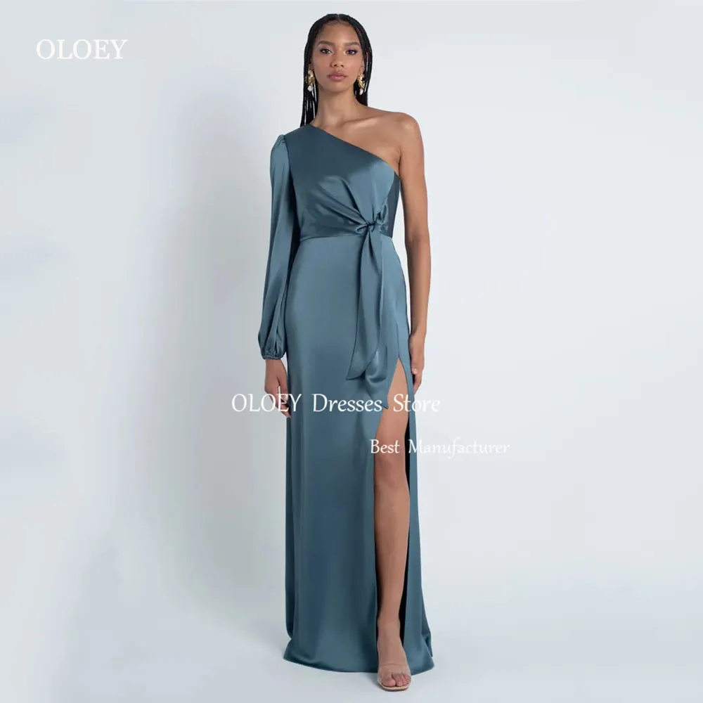 

OLOEY Elegant Side High Slite Silk Evening Dress One-Shoulder Floor-length Wedding Party Dress Bridesmaid Dress