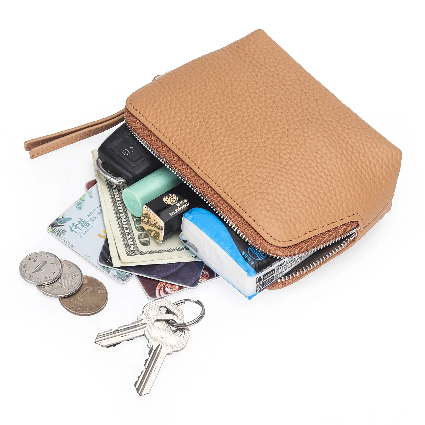 Slim Zippered Leather Coin Pouch, Lanyard Litchi Texture Small Lipstick Organizer Neck-hung Coin Purses for Everyday Use