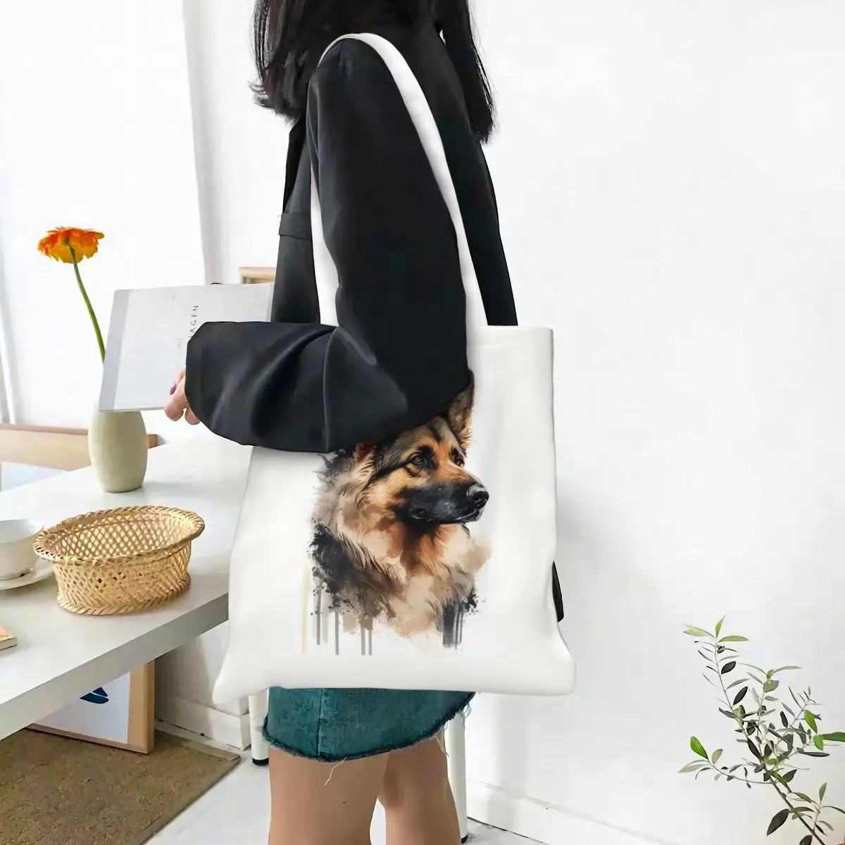 German Shepherd Dog Shopping Bags Canvas The Tote Bag Reusable for Women Shoulder Tote Travel Handbag