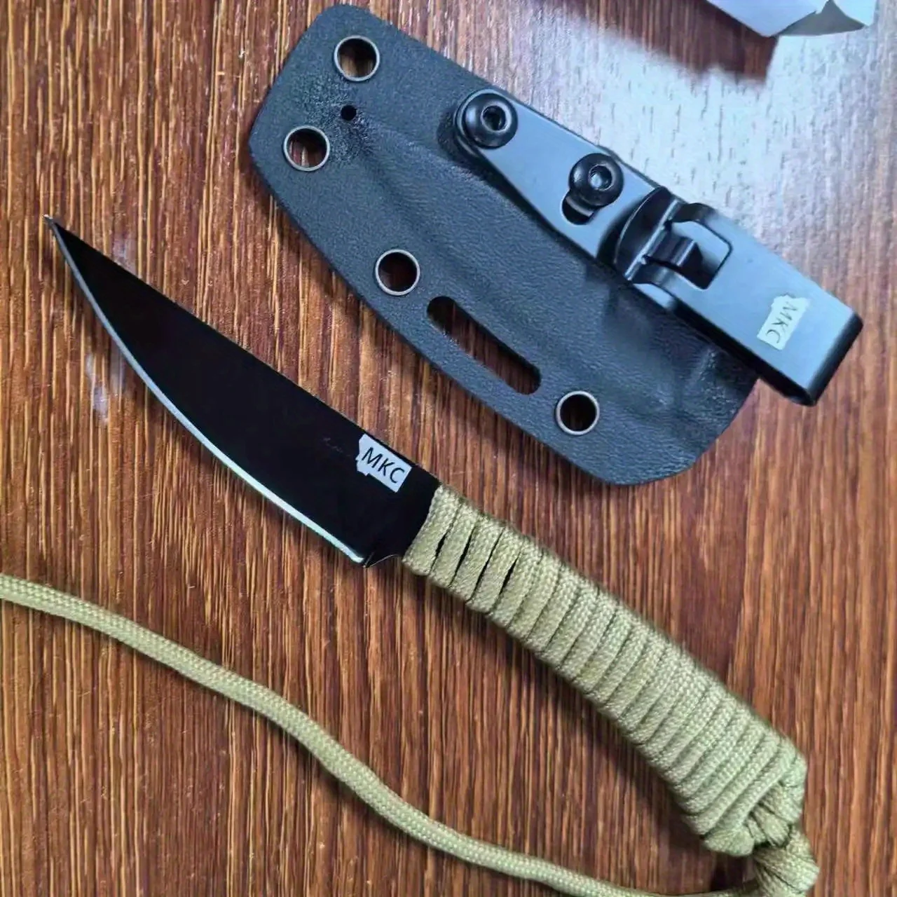 MKC Fixed Blade Outdoor Straight Knife Nylon Rope Handle EDC Multitool Camp Hunting Survival Fishing Portable with Kydex Knife