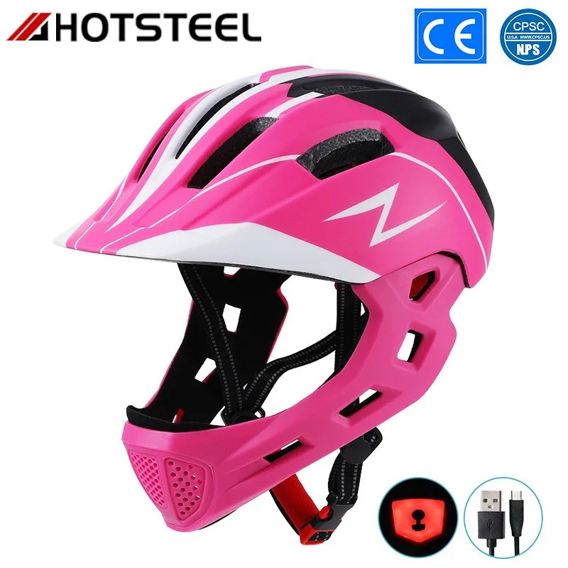 Children Riding Full Helmet With Tail lights Ultralight Removable Chin Kid's Safety Sport Hat Balance Vehicle Electric Scooter