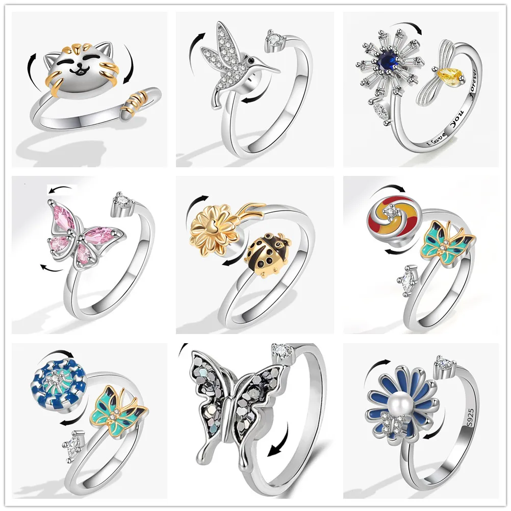 Anti Stress Rotating Knuckle Rings For Women Mini Insect Butterfly Bee Crystal Anxiety Relife Spinning Ring Bague Femme