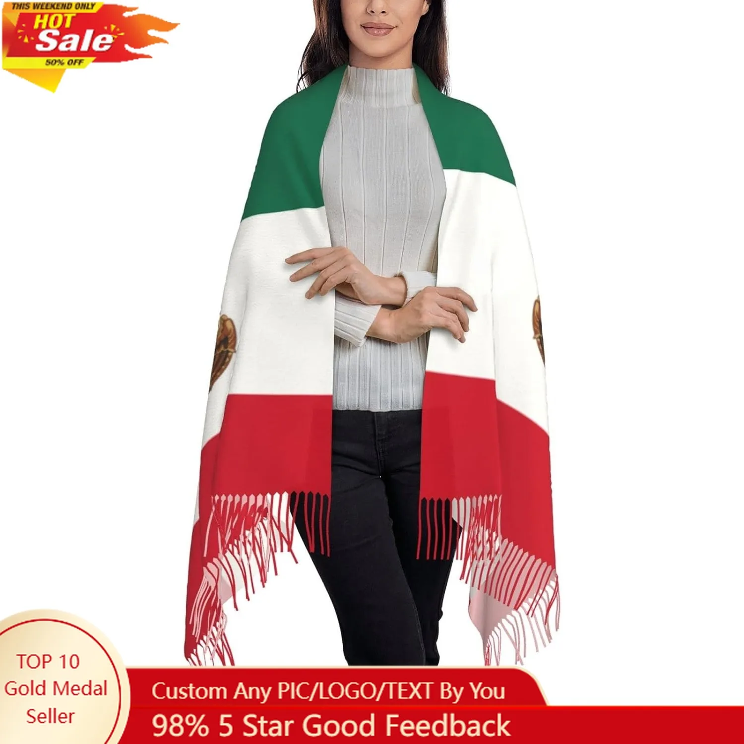 

Mexico Flag Pattern Scarf Long Shawl Wraps Pashmina for Women Girls with Tassels Soft Warm Cozy