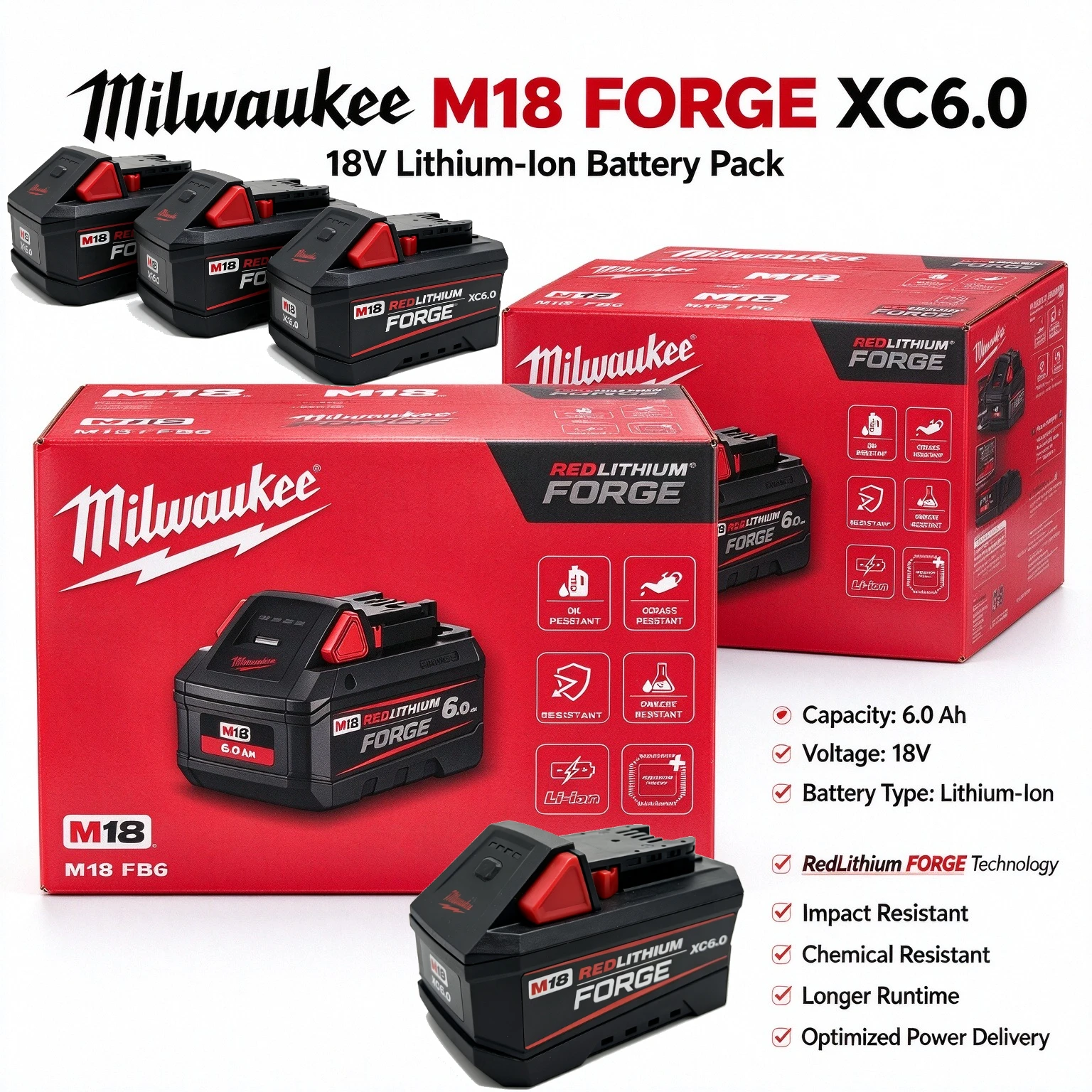 Milwaukee M18 FORGE 18V 6.0Ah High Performance Battery Pack M18FB6 Fit FUEL 212 Impact Drill Household Maintenance Power Tools