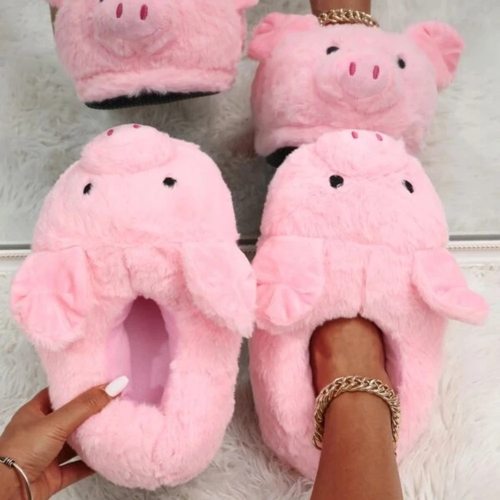 

Cute Pig Winter New Women Slipper Heel Cover Warm Slippers Soft Fur Warm Indoor Comfortable Home Fluffy Home Slippers Shoes