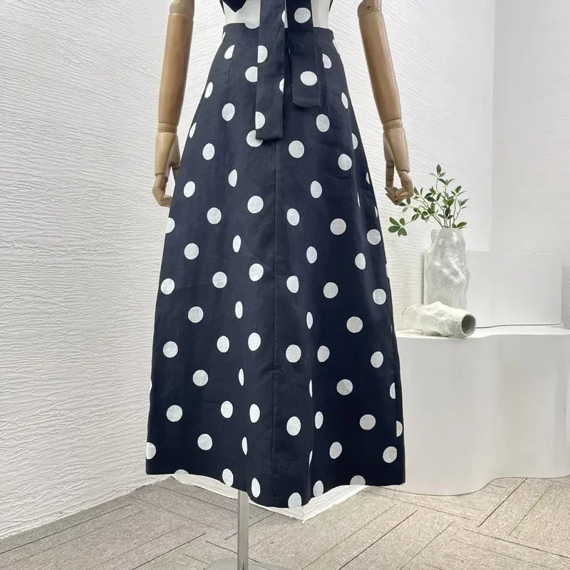 Vestido Midi de tubo para mujer, vestido clásico de lino negro con estampado de puntos blancos y escote corazón recortado, sin mangas y espalda descubierta, novedad de 2024