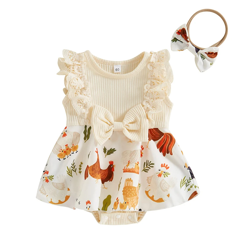 

2-Piece Baby Girls Set Farm Chicken Print Lace Bow Ribbed Sleeveless Round Neck Dress Romper Bow Headband Outfits