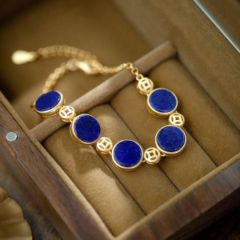 Dark blue round bracelet for women Chinese style Copper coin lapis lazuli bangles Retro Light luxury exquisite jewelry