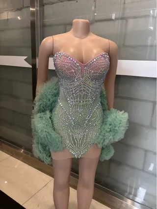 Dreamy Dazzling Gradient Colored Diamond Strapless Fishbone Puffy Dress for Female Group Performance Singing Dancing Dress