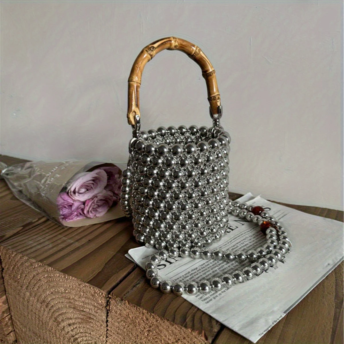 new women's fashionable bucket bag, bamboo design handbag, premium texture pearl bag, bead chain detachable shoulder bag