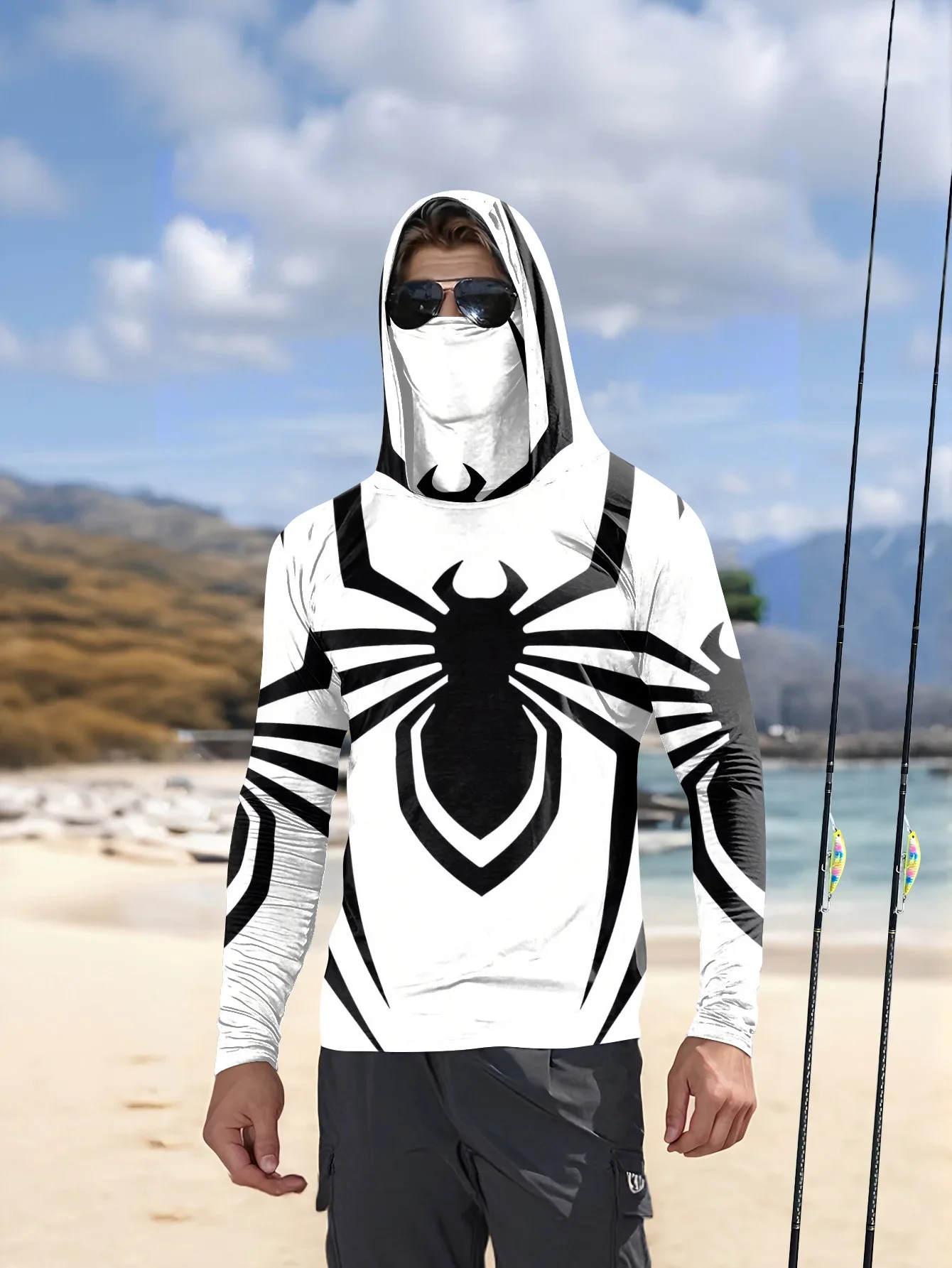 2026 Summer New Style Men's Long-Sleeved Shirt with 3D Spider Pattern Print Comfortable Soft Breathable for Sports Use