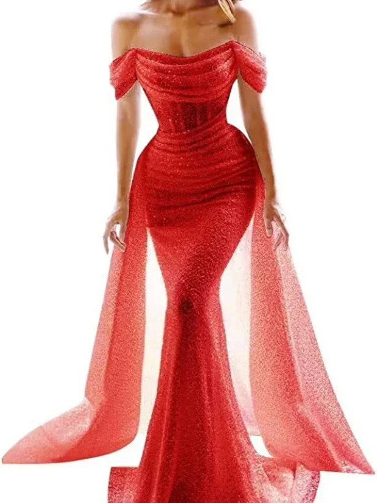 Customized Luxury Shinny Sexy Elegant Evening Dresses Slash Neck Short Sleeve Robe Wedding Party Vestidos Sequined One Shoulder