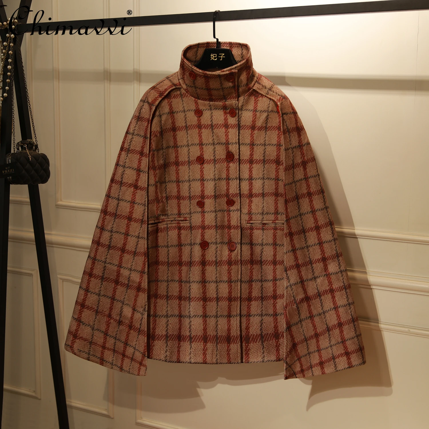 

British Style Elegant Fashion Stand Collar Cape Jacket Double Breasted Sleeveless Loose Versatile Plaid Woolen Cloak Shawl Women