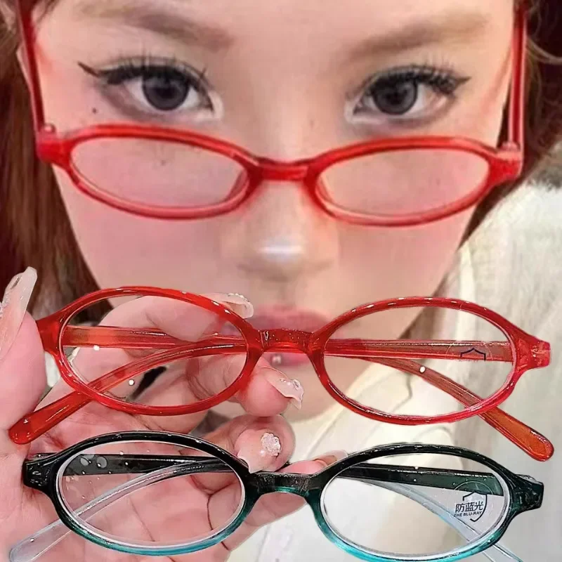 Y2K Retro Oval Glasses Women Girls Red Green Frame Glass Eyewear Decorative Computer Anti-blue Eyeglasses with Seaside Driving