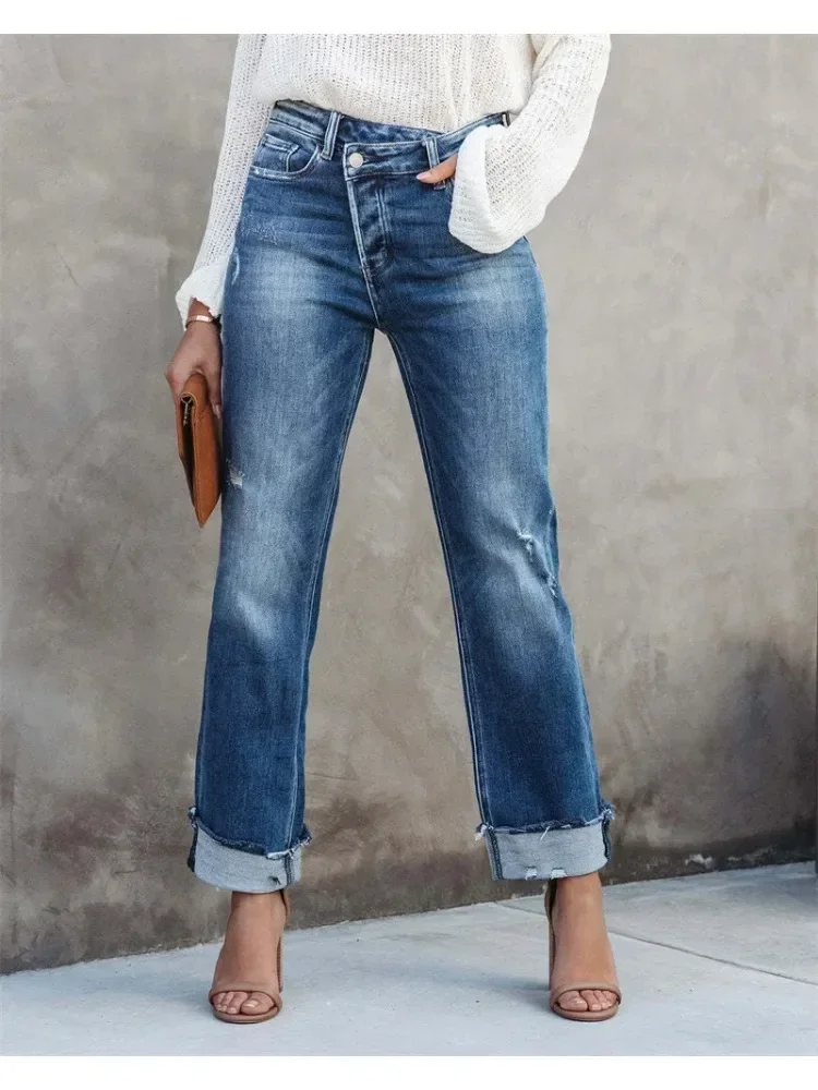 

2024 New High Waist Button Splicing Straight Jeans Women Fashion Urban Casual Commuter Denim Pants Ladies Broken Holes Trousers