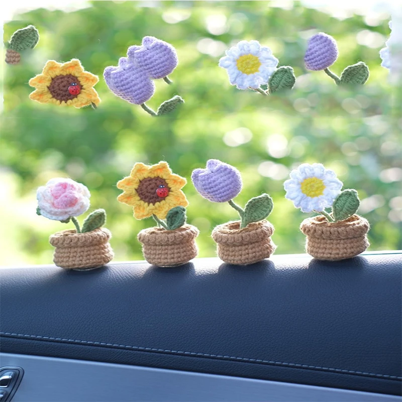 1PC Handmade knitting DIY mini potted plant Car centre console crochet wool sunflower decorations ornaments Interior Accessories