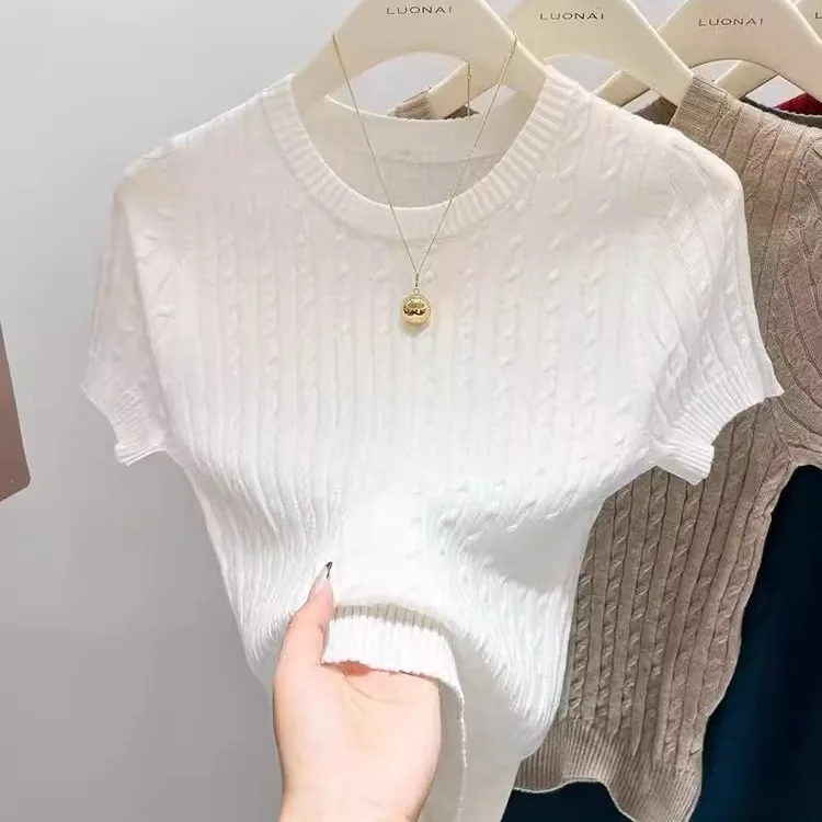 قميص نسائي جديد بقصة ضيقة وأكمام قصيرة، قميص صيفي رقيق، كاجوال متعدد الاستخدامات، قصير، نمط التنقل، رقبة مستديرة، طول قصير