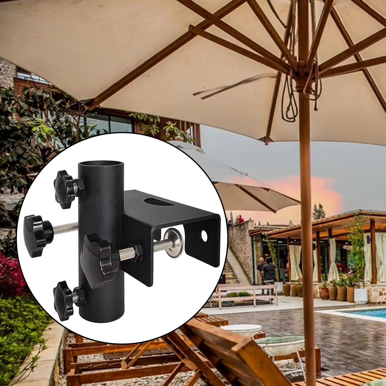 Deck Mount Base Flagpole Fixture Patio Umbrella Holder Parasol Stand Fixed Clip for Balcony Deck Railing Courtyard Garden Fence