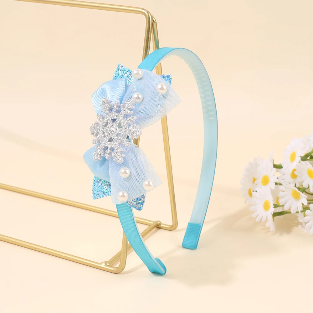 Blue Bow Headband For Girls Sweet Pearls Sparkling Snowflakes Hair Band Princess Hair Hoop Children Elsa Princess Accessories