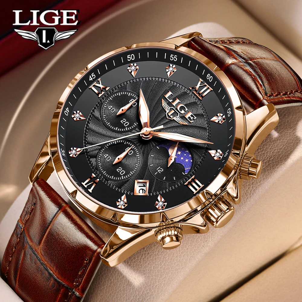 LIGE Men's Watch Luxury Business Luminous Waterproof Leather Watches Moon Phase Week Date Casual Quartz Watch Men Reloj Hombre