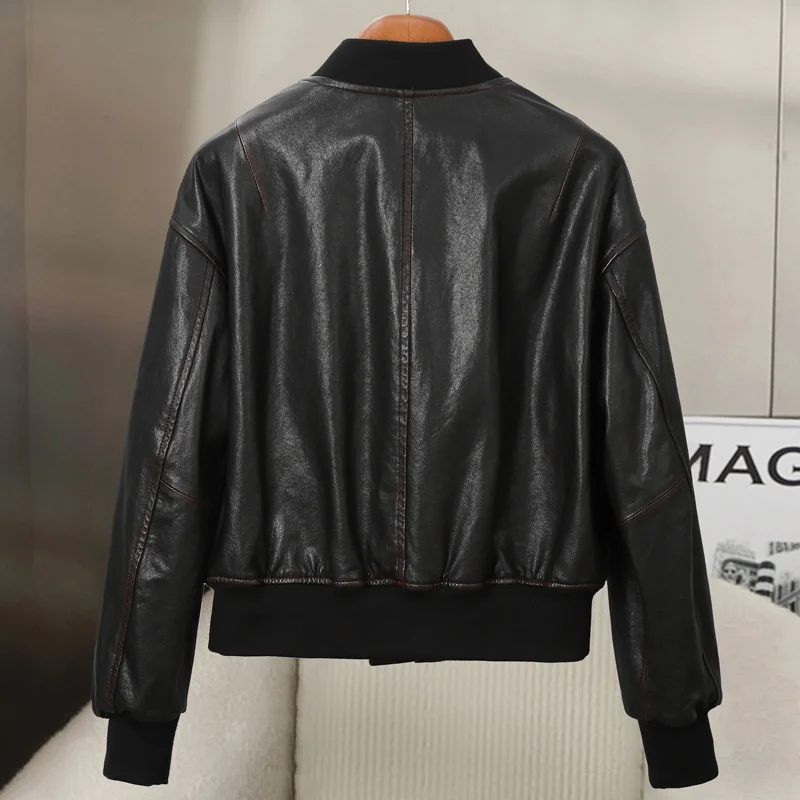 Genuine leather jacket, women's sheepskin baseball collar, short high waisted silhouette, leather jacket, fashionable