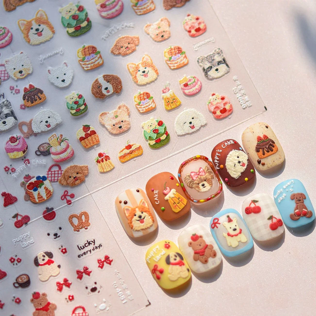 Lovely Puppy Bear Strawberry Cake Fruit Juice Coffee Desserts Cherry Cute Bowknot Dog Adhesive Nail Art Stickers Manicure Decals