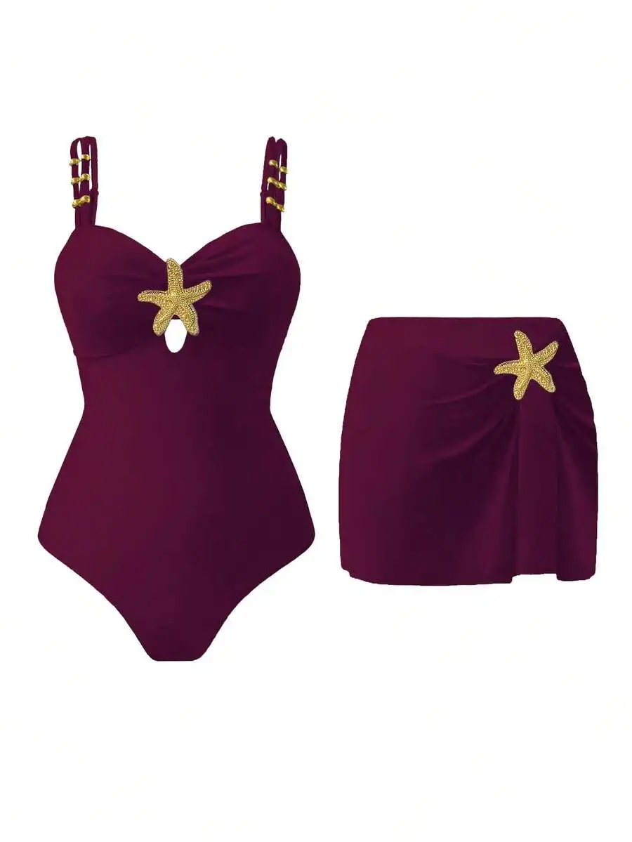 

Womens Starfish Decorated Two Piece Swimsuit Set With Skirt For Vacation Beach Wear