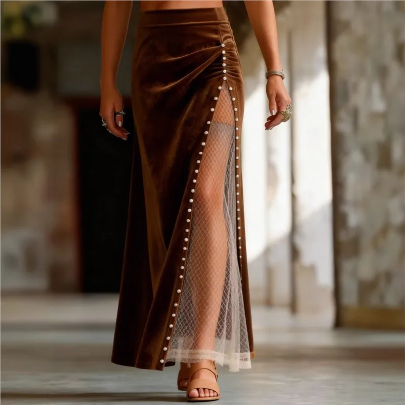 New Temperament Slim Skirt Women's Spring Retro Western Mesh Stitching Stud Beads Long Solid Color Commuting Versatile Skirt